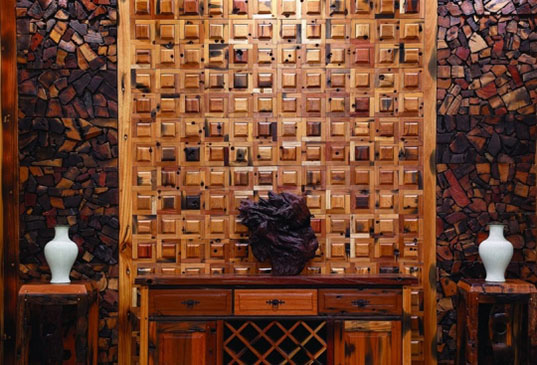 Мозаика деревянная стена в кухне Дуб натуральный